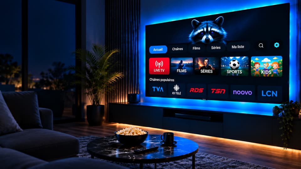 Un grand téléviseur affiche l’accueil TVpaschère : TVA, ICI Télé, RDS, TSN, noovo et LCN.